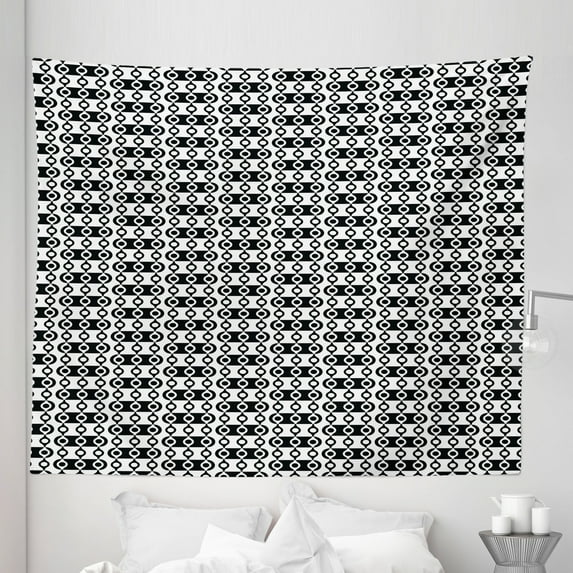 Abstract Tapestry, Monochrome Stripes Oval Shapes Geometric Illustration Minimalist Modern Art, Fabric Wall Hanging Decor for Bedroom Living Room Dorm, 5 Sizes, Black and White, by Ambesonne
