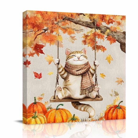 Canvas Wall Art, Fall Cat Framed Canvas Prints for Bathroom Kitchen, Orange Maple Leaf Pumpkins Thanksgiving Gallery Wrapped Wall Decor for Home Office, Gifts, 10"x10" Ship Next Day