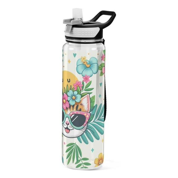 Happy Cats Faces Flowers Sunglasses Sports Water Bottle Portable Travel Mug 32oz BPA Free Leak Proof Straw Transparent Tritan for Gym Yoga Cycling Camping