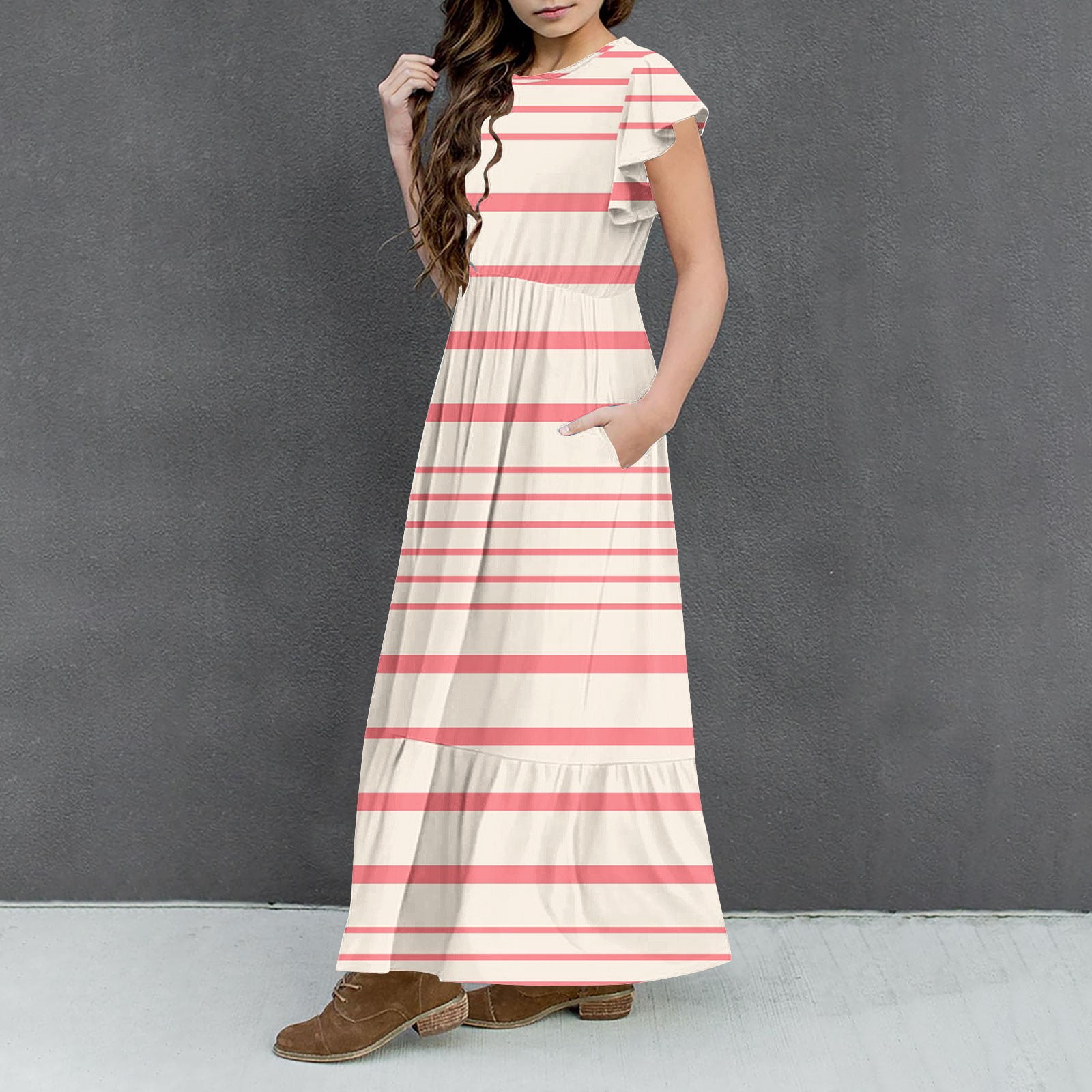 2025 Girls Dresses with Pockets 6-12 Years Kids Ruffle Short Sleeve Trendy Stripe Printed Crewneck Going Out Long Maxi Dress
