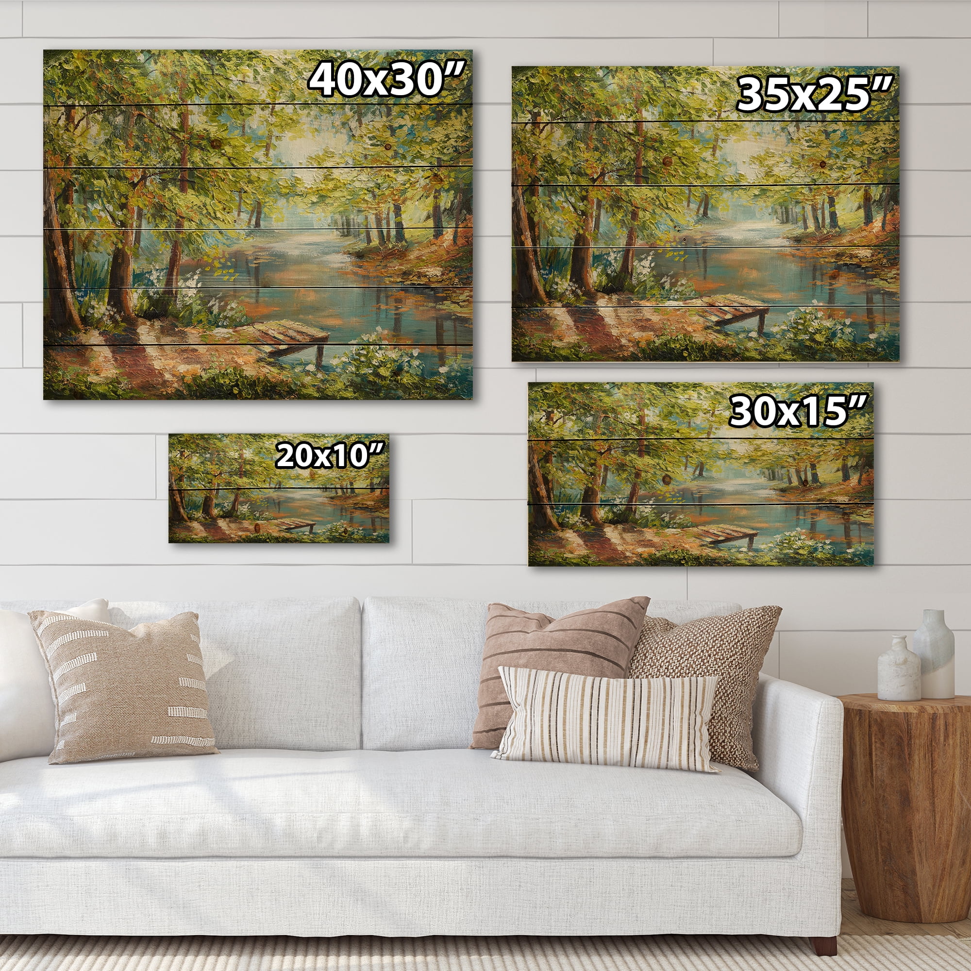 Designart 'Meandering River With Autumn Forest' Lake House Print on Natural Pine Wood