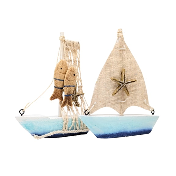 Wooden Sailboat Figurines Set of 2–Nautical Coastal Decoration with Ocean Colors, Rope, Starfish & Fish Accents–Beach Theme Gift for Ocean or Fishing Lovers, Housewarming, Bathroom or Cottage Display