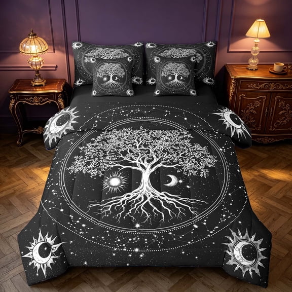 Homewish Hippie Tree of Life Twin Bedding, Cosmos Stars Moon Sun Bedding Comforter Set, White Black, Black Reversible 7pcs