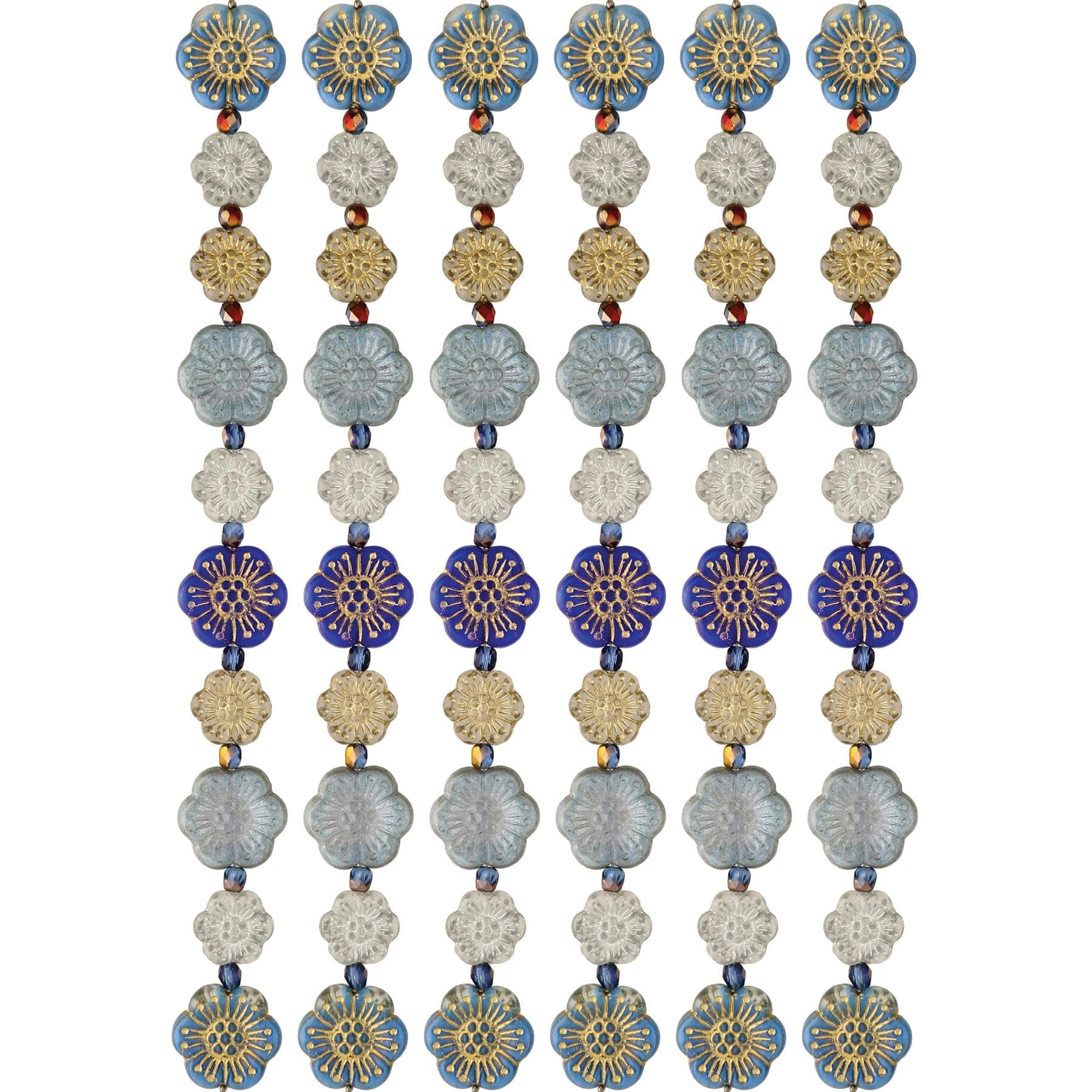The Beadsmith Czech Glass Strands - High Quality, Pressed & Table Cut Beads – 6 x 7-Inch Strands, 19 Beads Per Strand – Blue New Gardens Mix – For Jewelry Making, Decorations & DIY Crafts