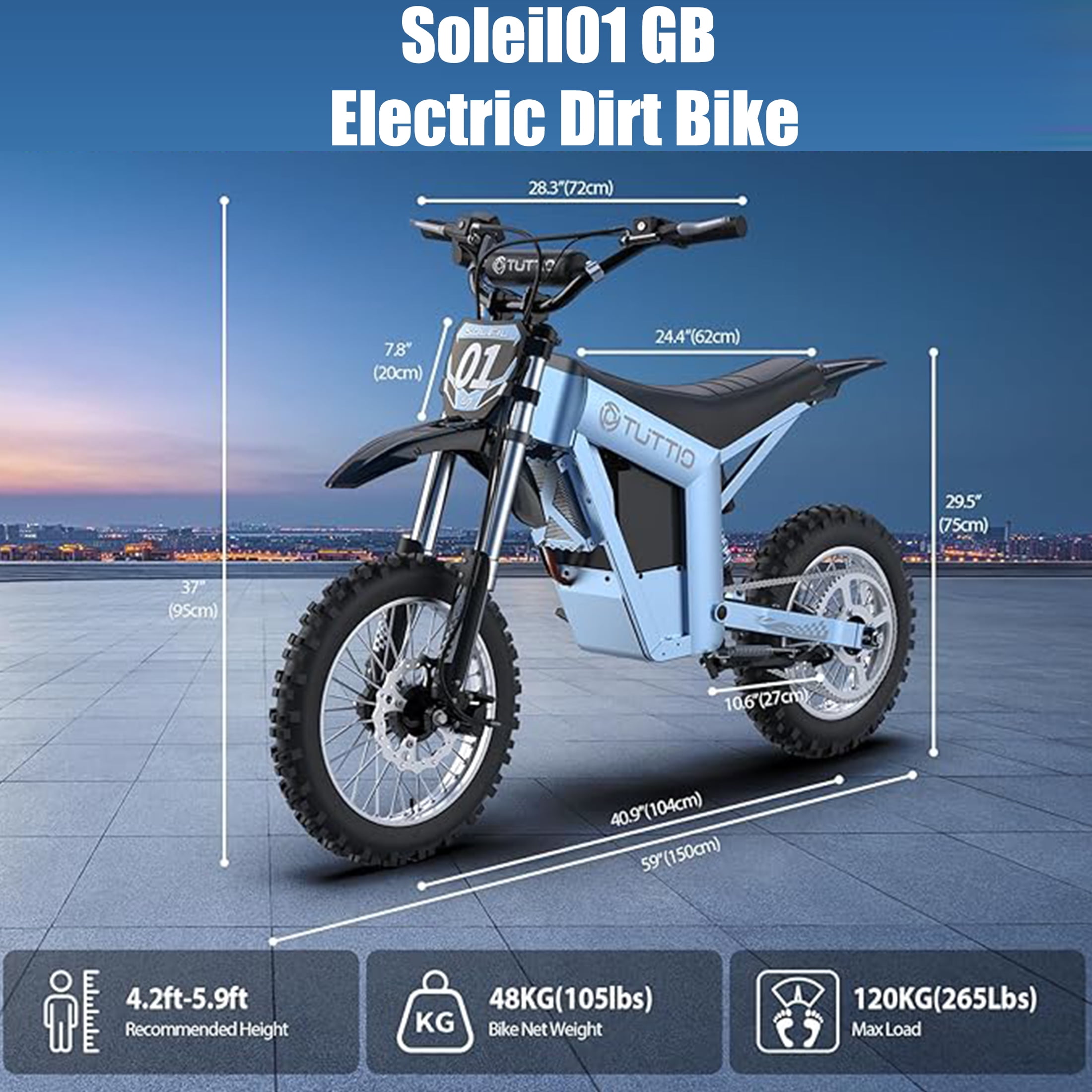 TUTTIO Soleil01GB 3000W Adult Electric Dirt Bike, 48V 21Ah Long-Range Battery, 37MPH Max Speed, 3-Speed All-Terrain Off-Road E-Motorcycle, UL 2849 Certified, Glacier Blue