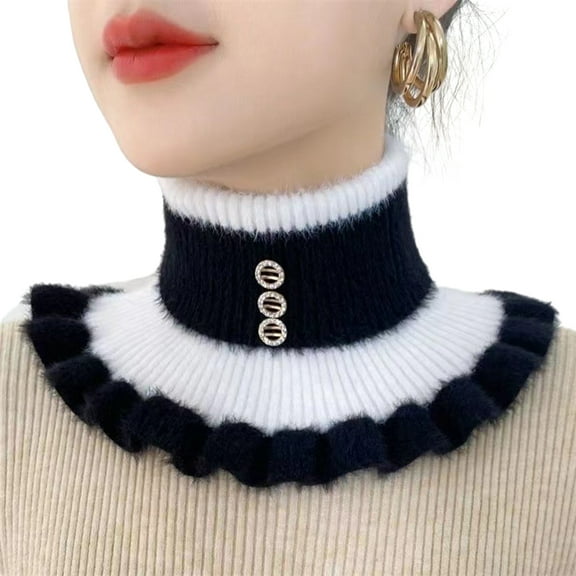 Anqbci Women Winter Scarf High Collar Color Matching Knitted Ruffle Rhinestone Decor Warm Windproof Neck Warmer