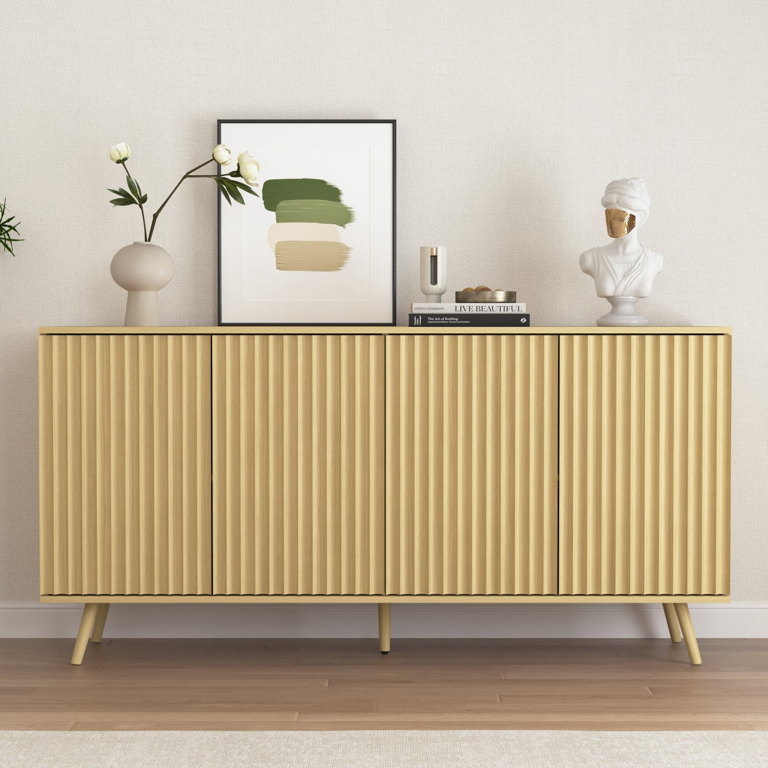 59.1" Sideboard Buffet Cabinet with Storage, 4 Door Credenza Cabinet with Adjustable Shelves, Wood Coffee Bar Console Cabinet for Kitchen Dining Room Living Room, Natural