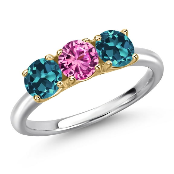 Gem Stone King 10K Two Tone Gold Pink Created Sapphire and London Blue Topaz Engagement Ring for Women | 1.95 Cttw | Round 5MM | Gemstone September Birthstone | Size 6