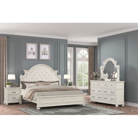 Roundhill Furniture Nelson French Traditional 5-Piece Bedroom Set, Antique White, King