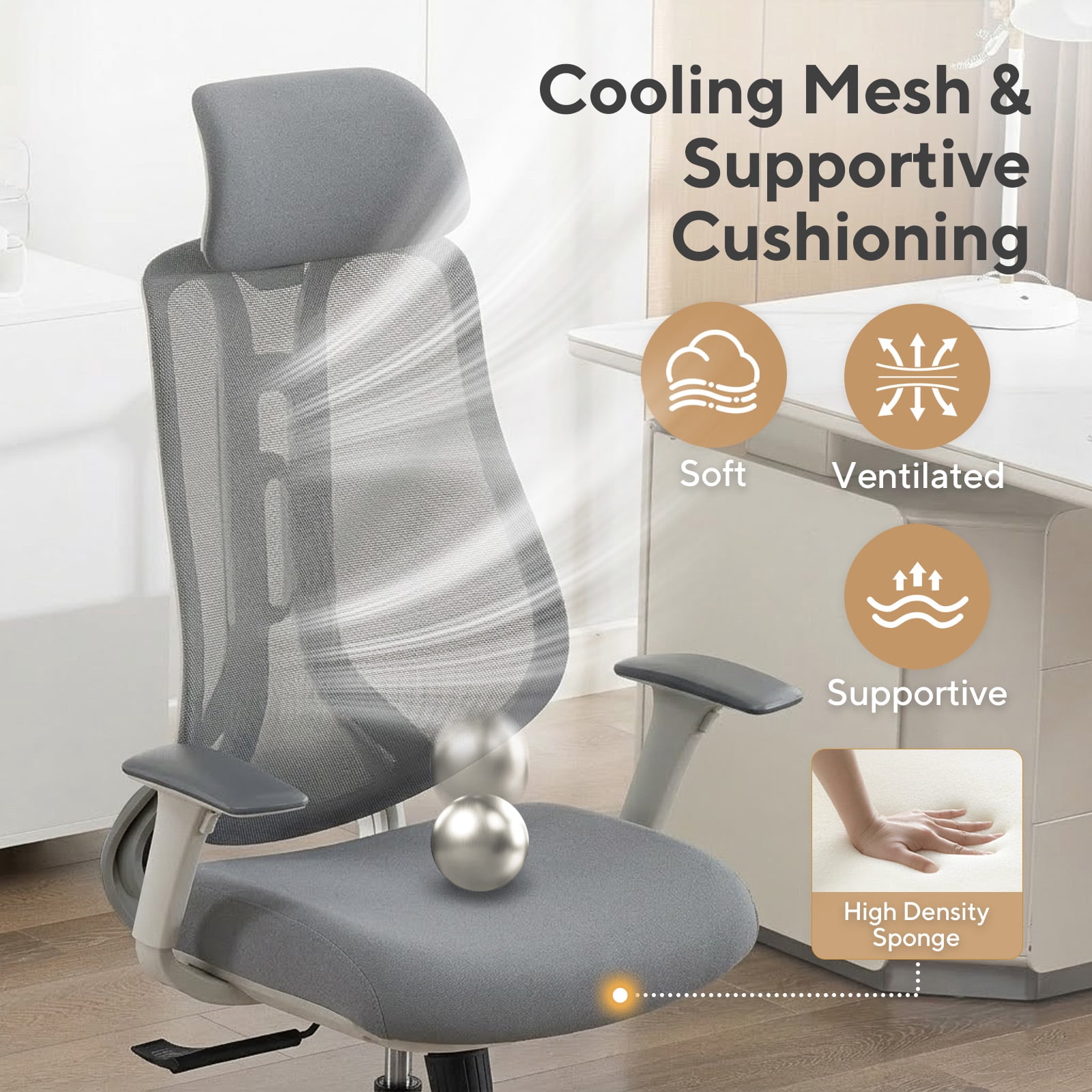 Nouhaus Strato, Gray Mesh, Ergonomic High Back Office Chair with 10-Level Height Adjustment & 3D Armrests for Home Office & Study