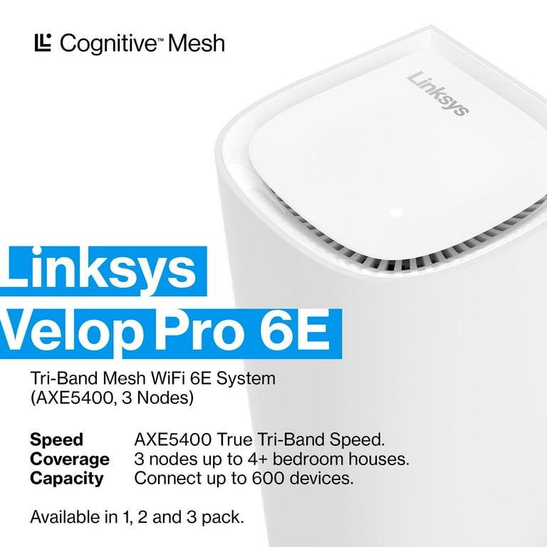 Linksys Velop Pro WiFi 6E Mesh Router, 6 GHz, 5.4 Gbps, 9000 sq