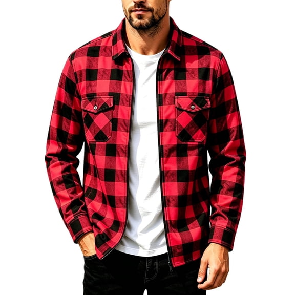 TKKCS Mens Plaid Flannel Shirt Jacket Full Zip Regular Fit Turndown Collar Long Sleeve Casual Shacket with Chest Pockets Red XL