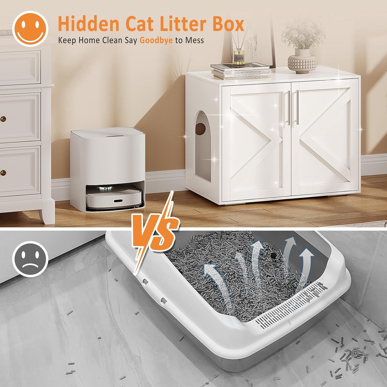 Garvee Cat Litter Box Enclosure, Hidden Cat Litter Box Cabinet with Double Doors, Ventilation, and Cushion Pads, Farmhouse Wooden Kitty Furniture for Cats and Small Pets, White