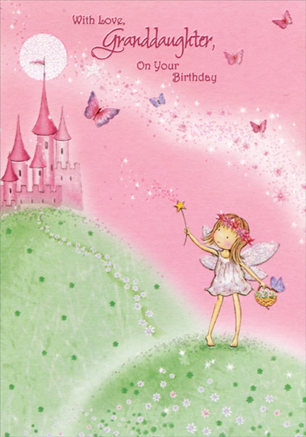 Designer Greetings Pink Castle and Fairy Child with Star Wand Birthday Card for Granddaughter
