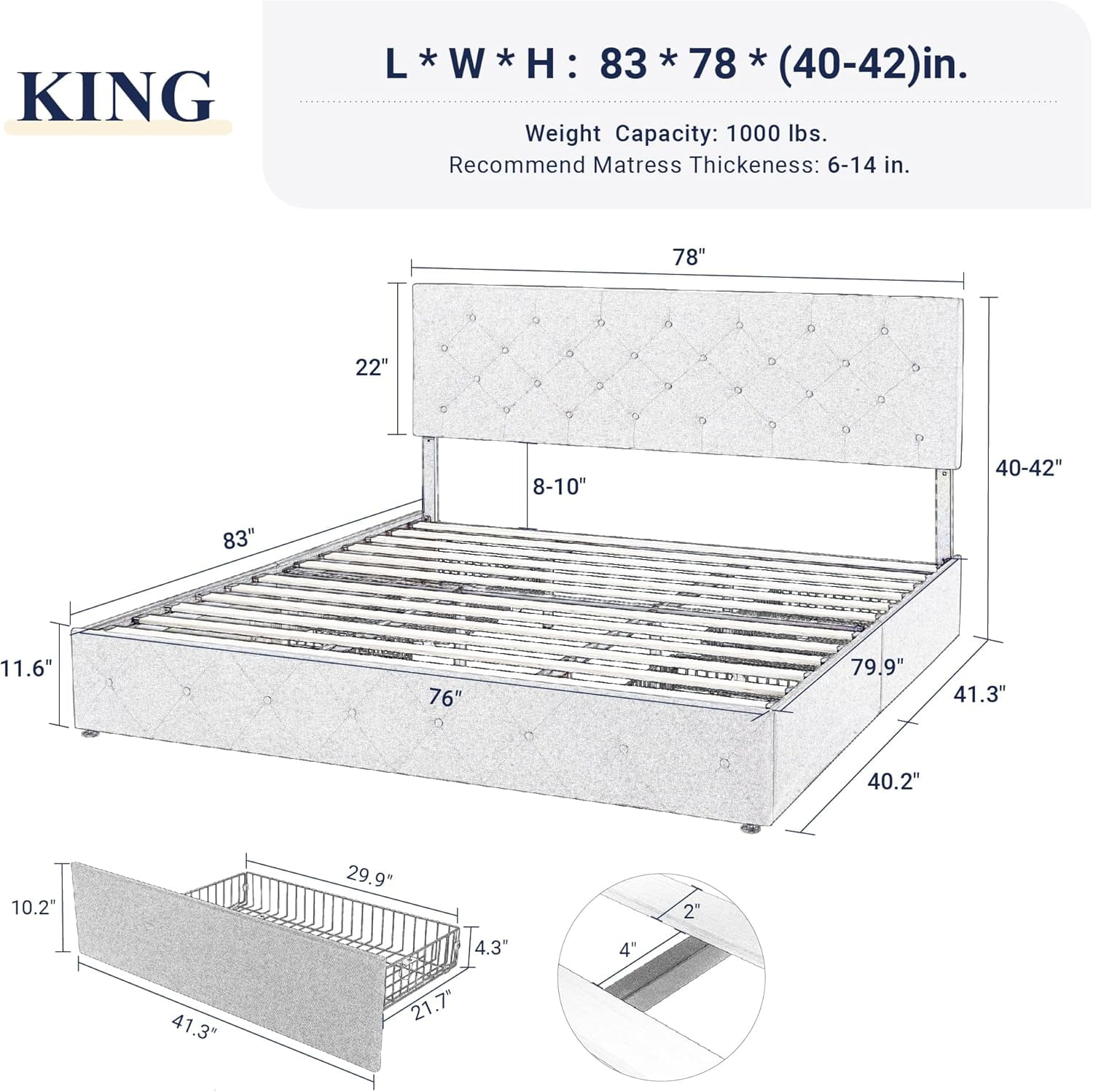 Allewie Upholstered King Size Platform Bed Frame with 4 Storage Drawers and Headboard, Diamond Stitched Button Tufted, White