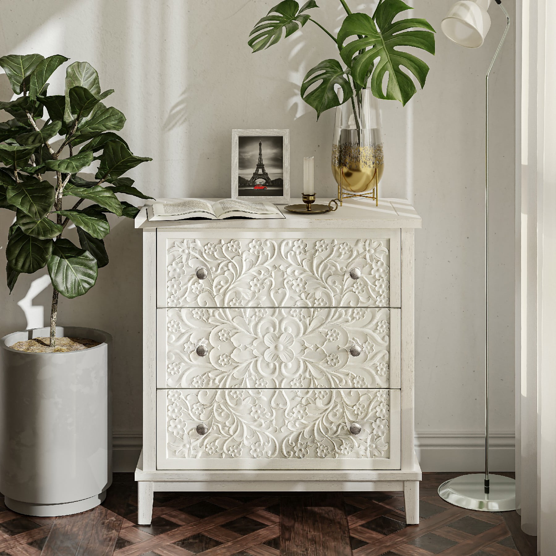 COZAYH Farmhouse FullyAssembled Nightstand with 3Drawer, Flower Motif