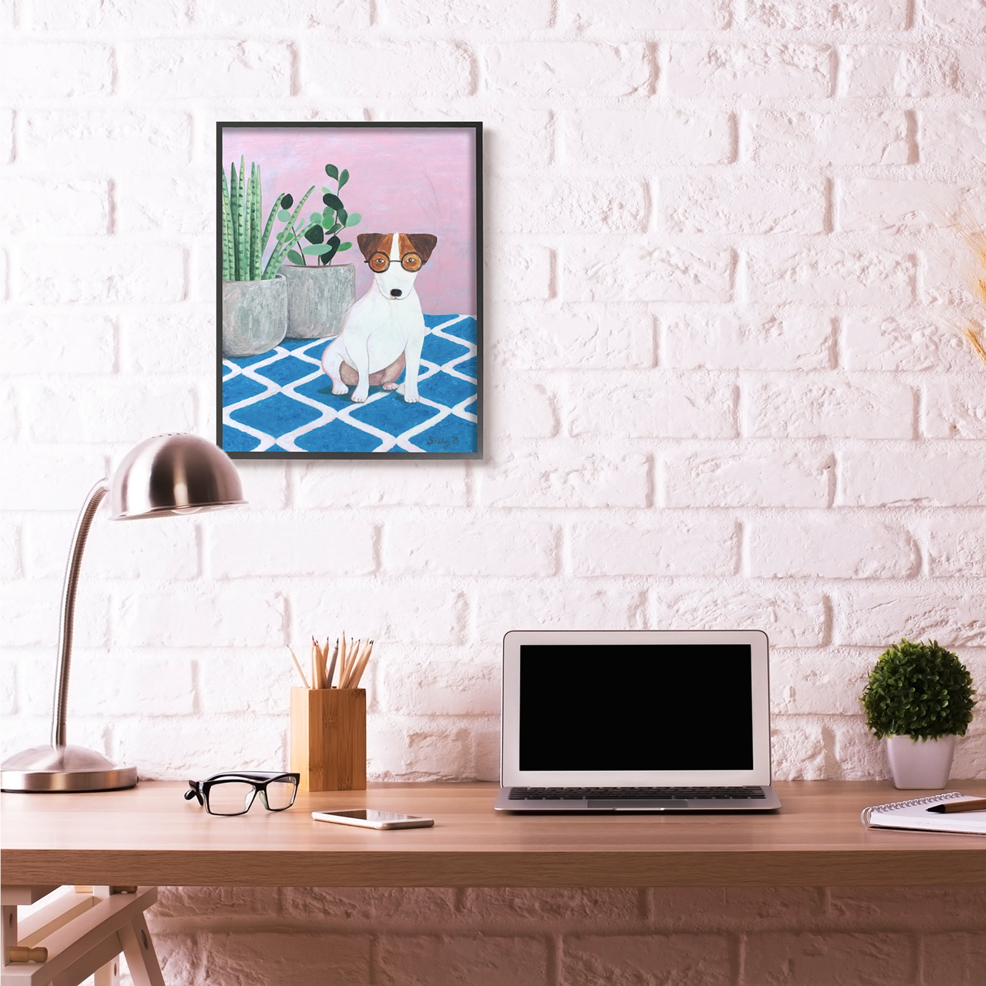 Stupell Industries Dog With Plants Pink Blue Pet Painting Black Framed Art Print Wall Art, 24x30, by Sally B