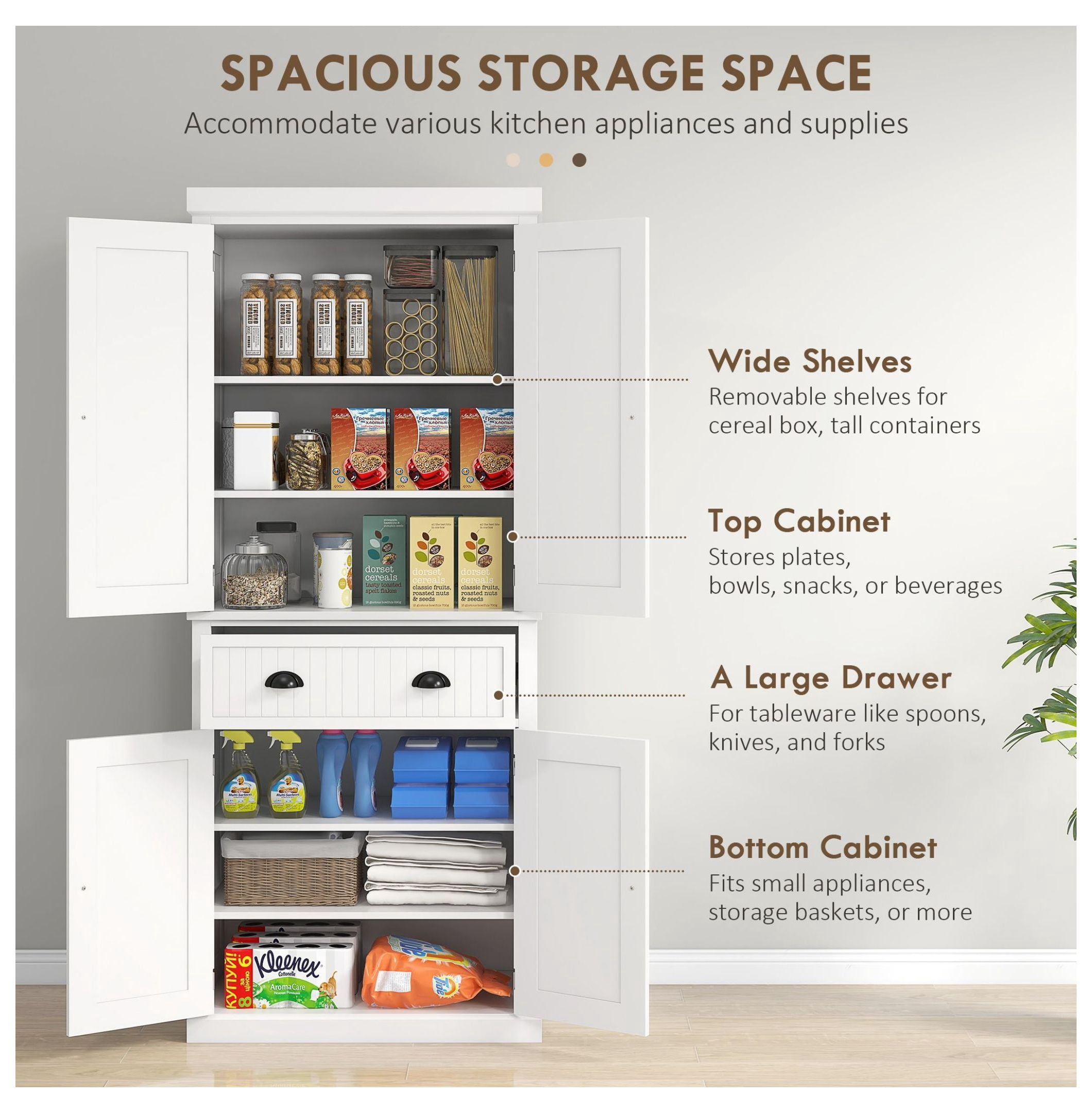 Kitchen Pantry Cabinet, 72" Freestanding Storage Cupboard with Drawer & Adjustable Shelves - White