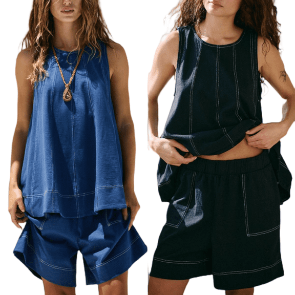 LYMAYTER Women Denim Vest Sets Loose Crew Neck Vest Shorts Outfits S-XL Casual Sleeveless Jean Sets