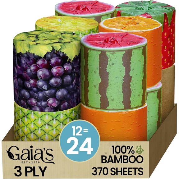 Gaias Premium and Soft Fruit TP Organic Bamboo Toilet Paper | 12 Mega Rolls, 3 Ply, 370 Sheets | FSC Certified, Eco-Friendly, Sustainable Tissue - Plastic Free, Septic Safe, Vegan