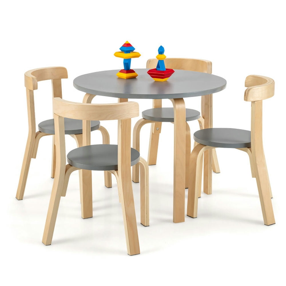 Kadyn Children Kids Table Chair Set,Children Playroom Table Chair Set,5-Piece Kids Wooden Curved Back Activity Table and Chair Set with Toy Bricks-Gray