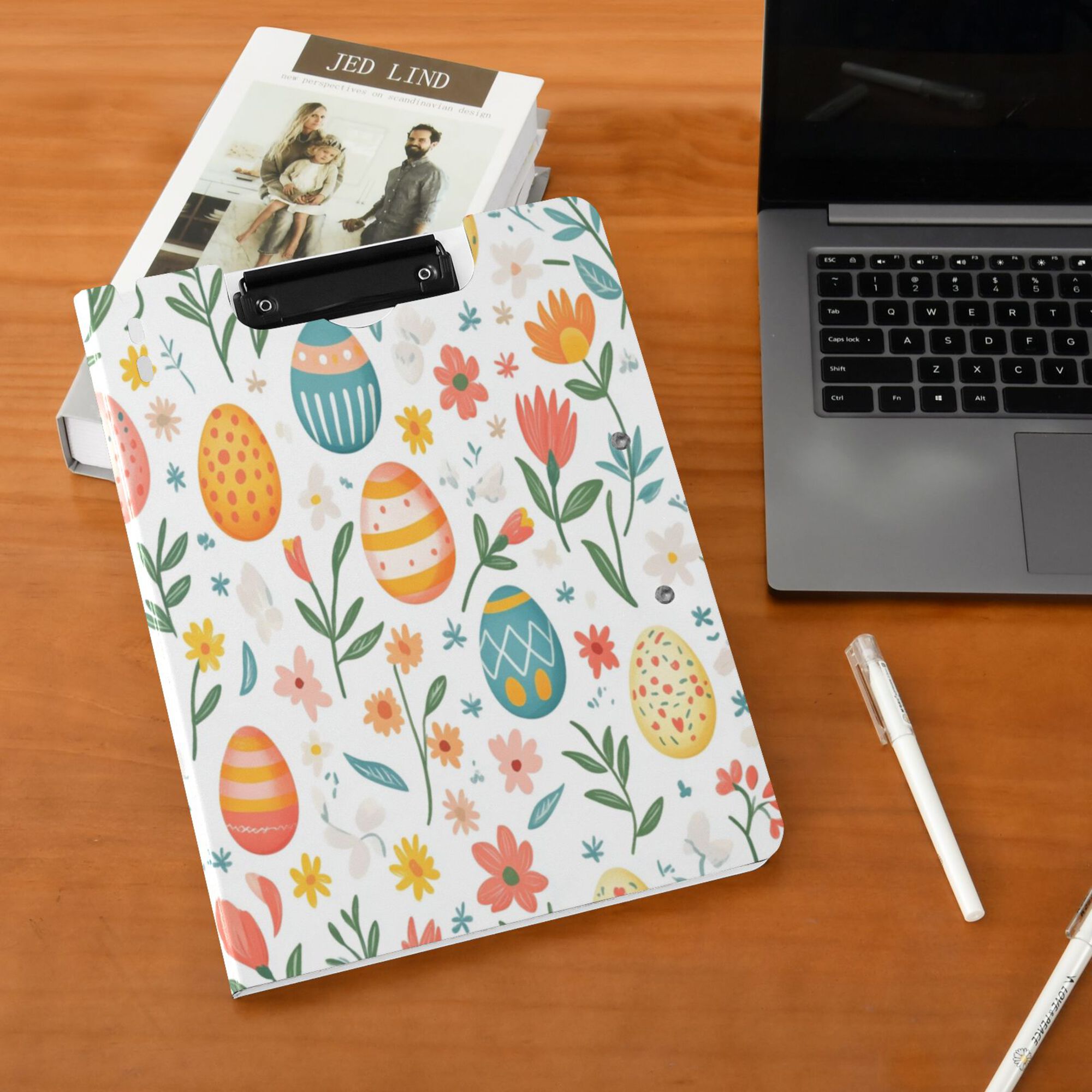 FORMRS A4 Clipboard Folder with Pen Holder Horizontal Foldable School Office Binder, Floral Easter Eggs