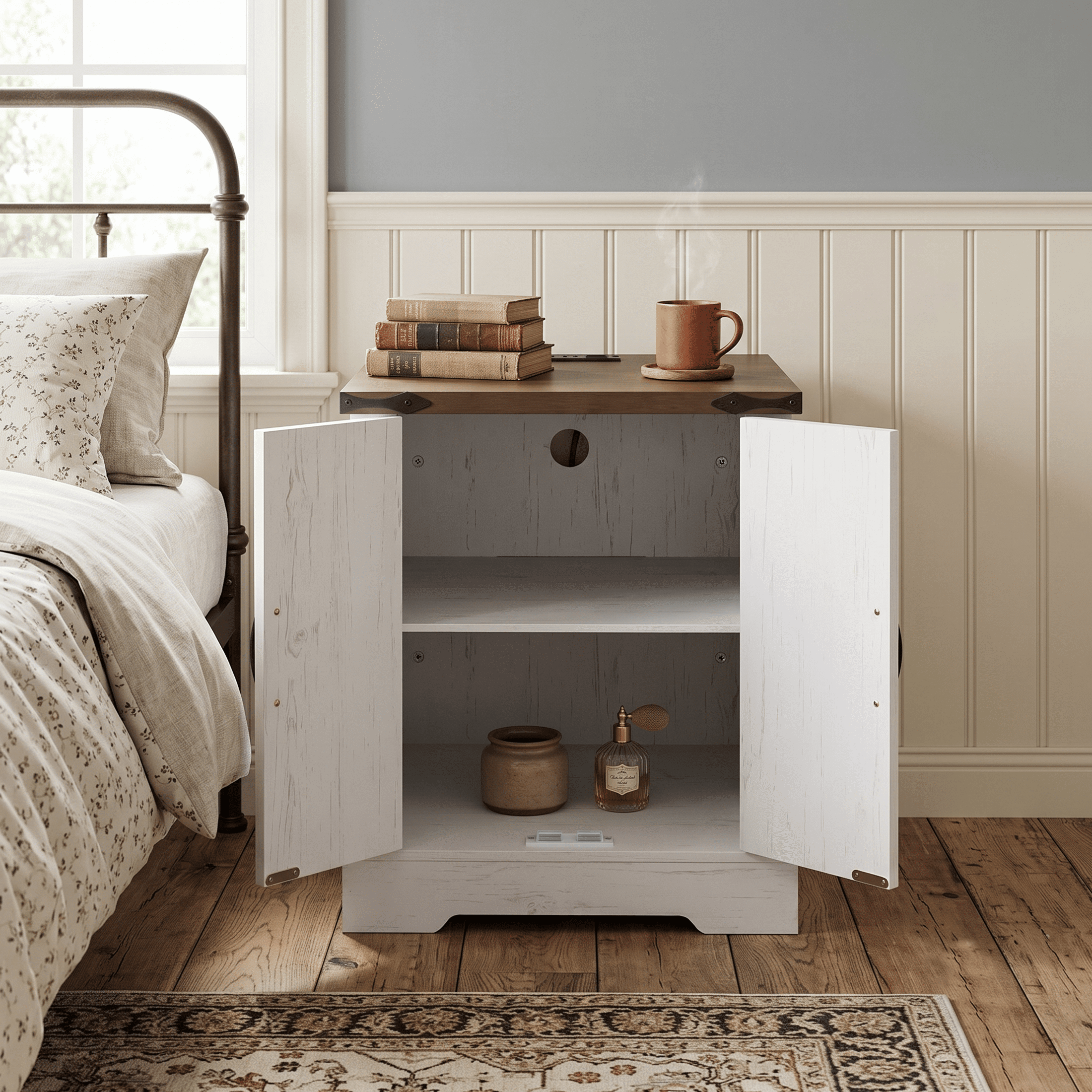 Homy Casa Farmhouse End Table with Charging Station, 2 USB Ports, 2 Outlets, Barn Door, White