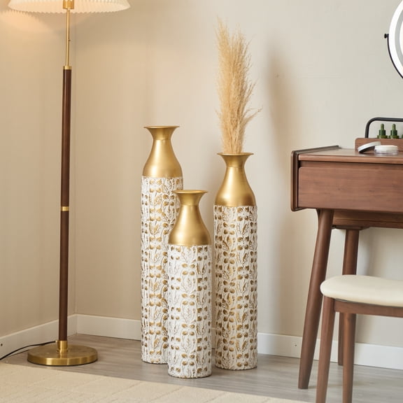 Aukfa Metal Decorative Tall Floor Vase,Set of 3 Vases Gilded White 3D Relief,24"/ 29"/32. 68" H,Gold