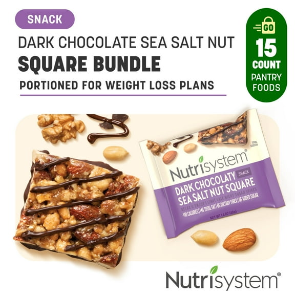 Nutrisystem Dark Chocolatey Sea Salt Nut Squares Bites, Low Carb Snack, Shelf-Stable, 15 Count