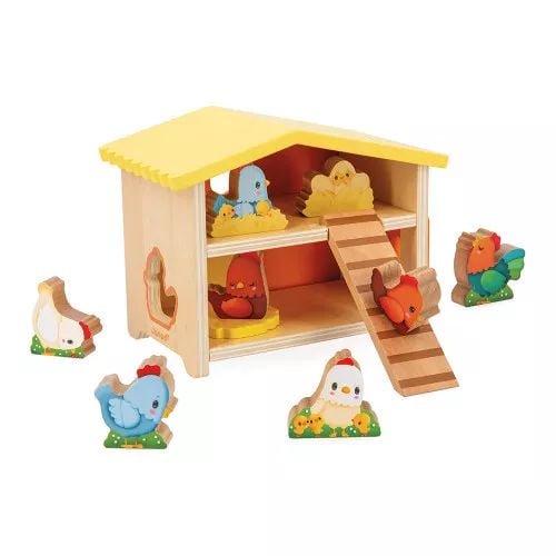 Janod - My First Chicken Coop - Henhouse and Animals - 9 Wooden Chickens - Early-Learning - Fine Motor Skills - for Children from 18 Months + - Multilingual