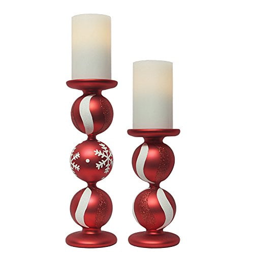 Holiday Candy Cane Hand Blown Glass Flameless Pillar Candle Holders Set