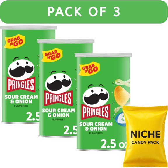 Pringles Grab & Go Large Sour Cream & Onion Potato Crisps Chips ā 0.15lb(3 Pack) ā Convenient Snack Cups Complimentary Candy Pack