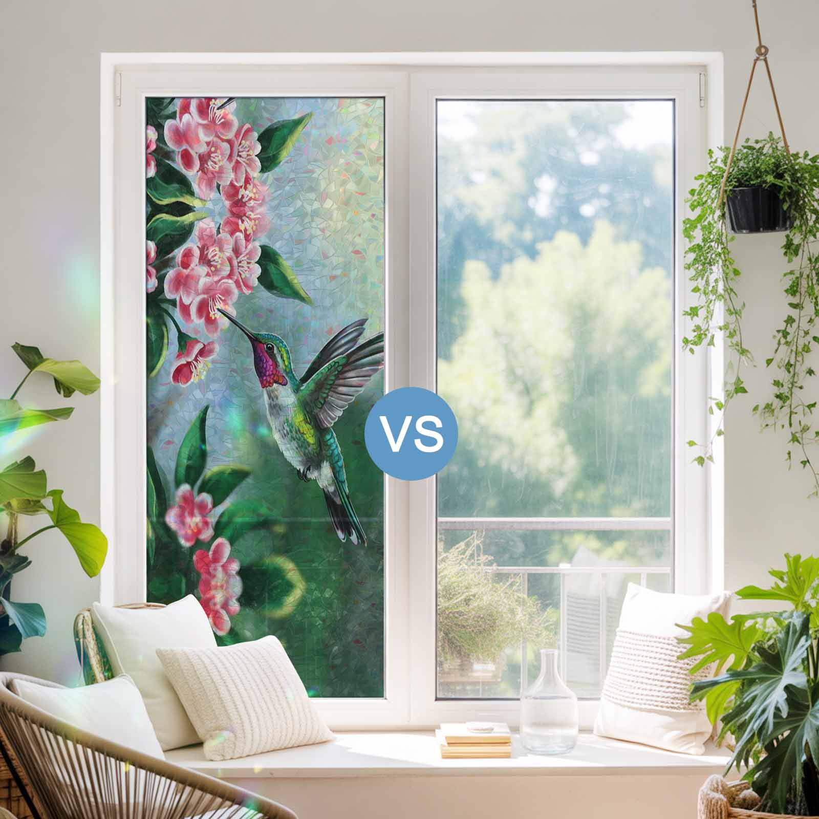 Rainbow Window Privacy Film, Green Hummingbird Static Cling Decorative Window Film PVC, Spring Summer Pink Flower Leaf No Glue UV Blocking Glass Covering, Removable Stained Glass Sticker 23.6''x59''