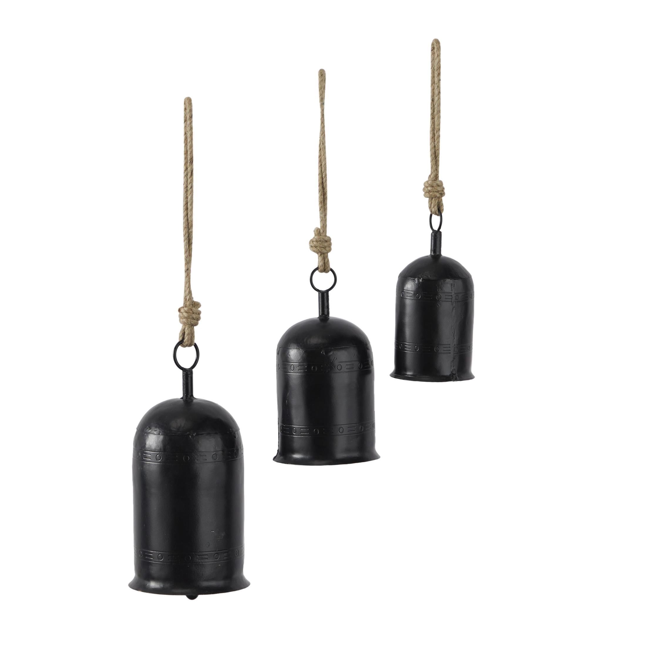 DecMode Tibetan Inspired Black Metal Cylindrical Decorative Cow Bells with Jute Hanging Rope, 3 Count