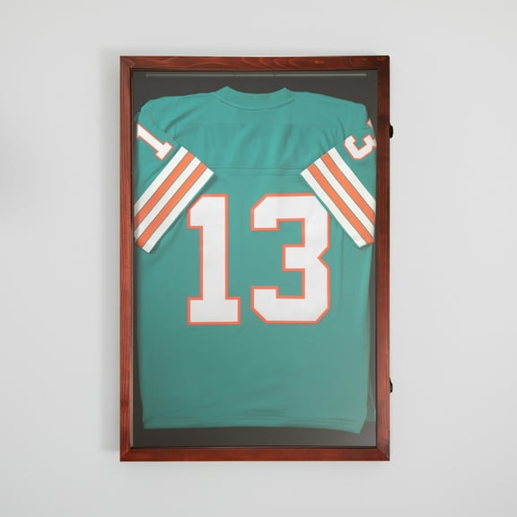 BizChair 24x36 Jersey Display Case with Solid Pine Wood Frame, UV Treated Acrylic Window, Velvet Backing Board, and Anti-Theft Lock in Mahogany