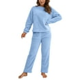 thumbnail image 1 of Liacowi Women Plush Pajamas Sets 2 Piece Sherpa Outfit Warm Fuzzy Round Neck Sweatshirt Tops and Plush Trousers, 1 of 7