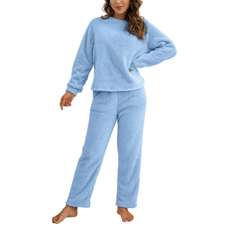

Qiylii Women Plush Pajamas Sets Solid Color Long Sleeve Tops and Trousers