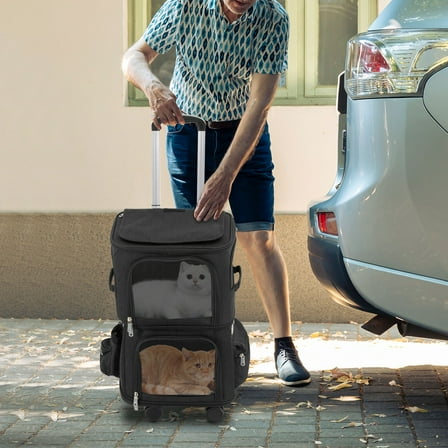 2-Tier Dog Trolley Bag Double-Compartment Pet Rolling Carrier Cat 22.05 lbs