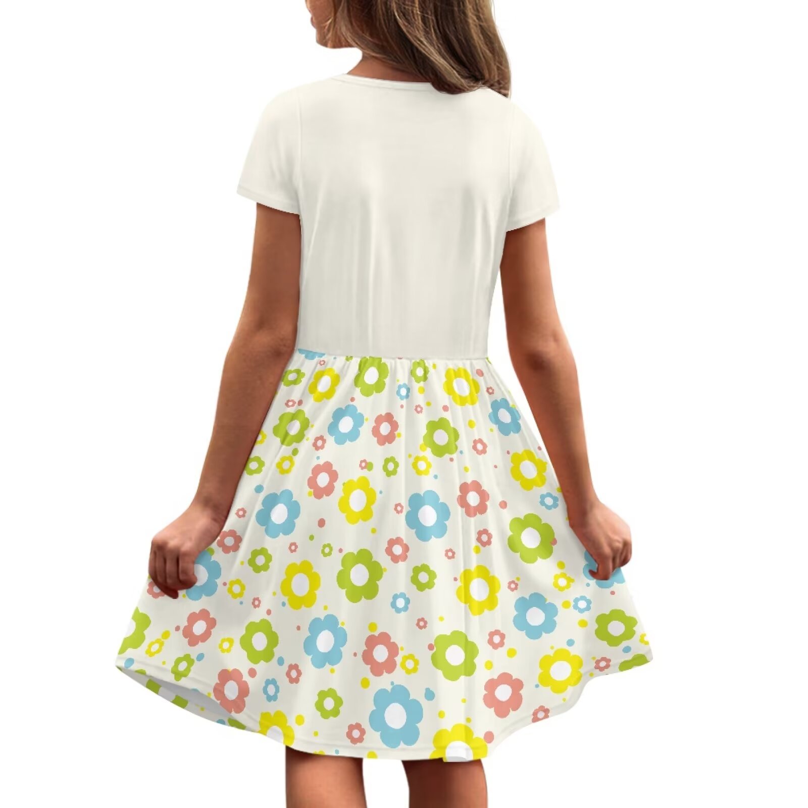 Uourmeti Bee Kids Dresses for Girls 2-14Y Summer Cute Short Sleeve Dress Flower Lightweight Soft Crew Neck Swing Dresses with Pockets Wedding Party Dress