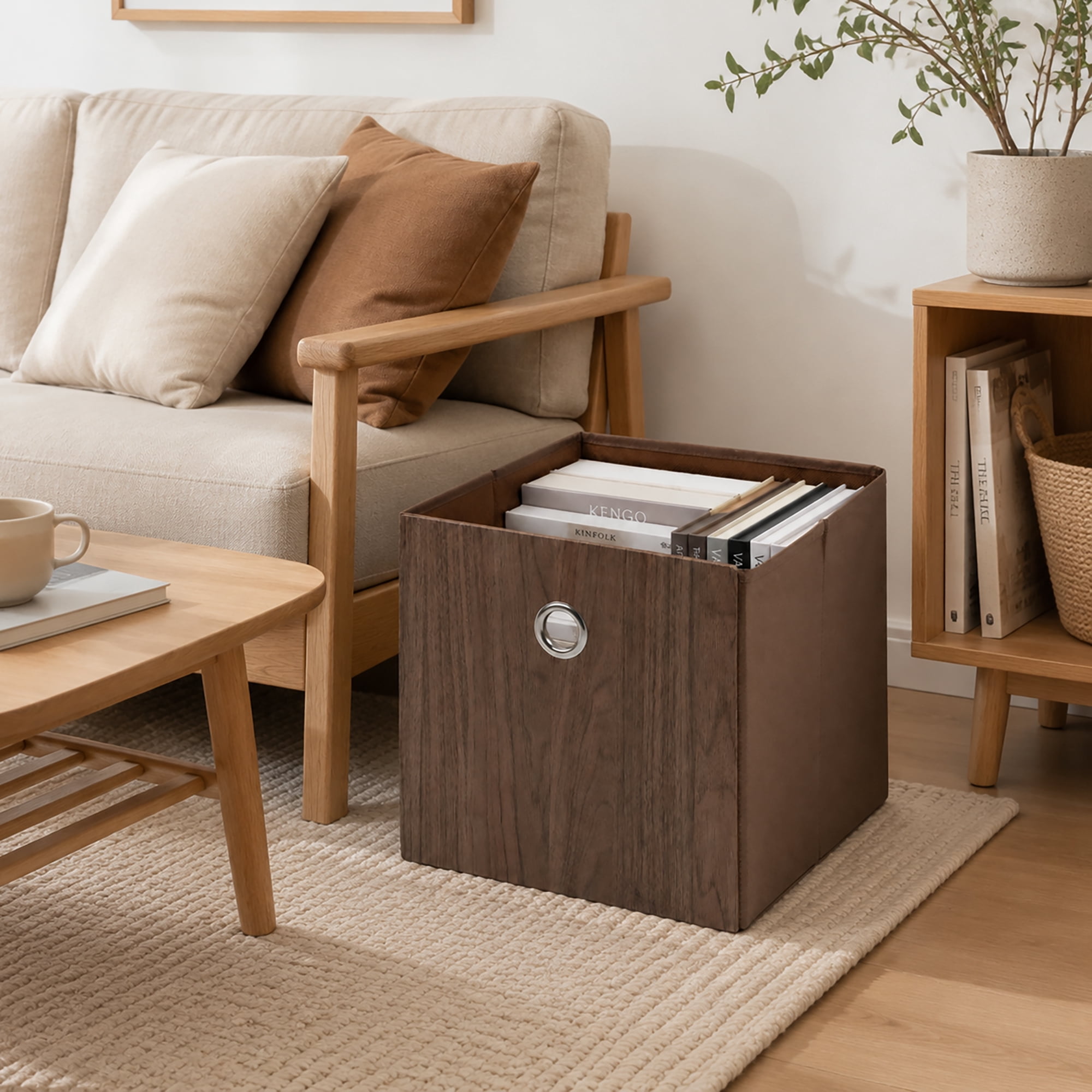 (2 pack) Mainstays Collapsible Fabric Cube Storage Bin, Natural Wood Finish, 10.5 in x 10.5 in x 10.75 in