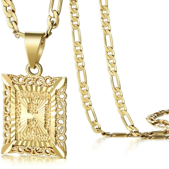 KissYan Initial Letter Pendant Necklace for Men Womens, 18K Gold Plated Square Capital Monogram Necklace Alhpabets from A-Z Figaro Chain Necklace(Gold H)