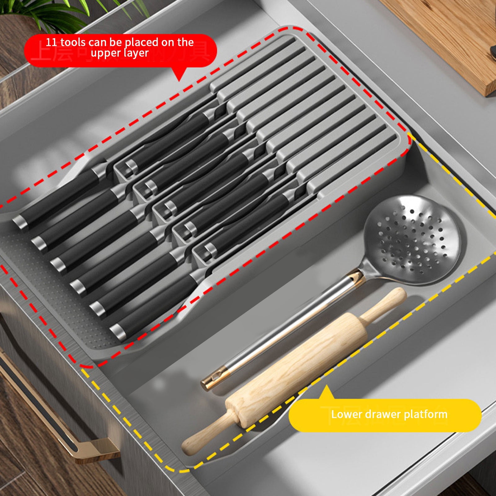 Drawer Organizer for Kitchen Utensils | 11-Knife Capacity Silverware Tray | Detachable Gray Plastic Storage Box (16.53x8.07x2.05 in)