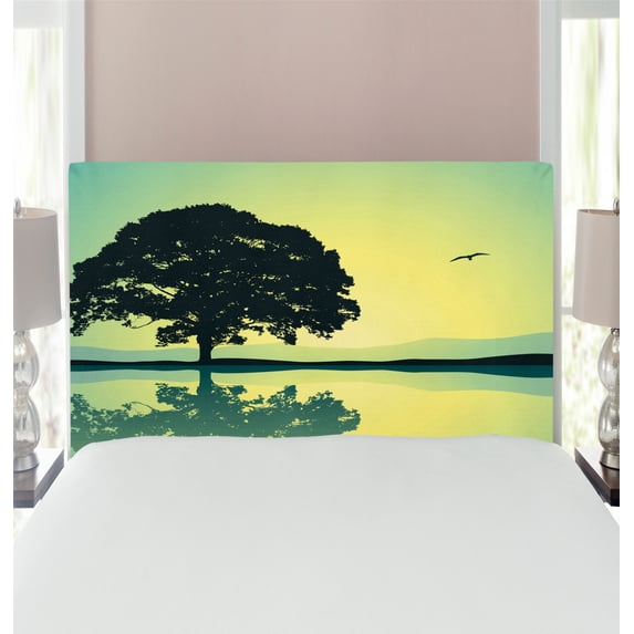 Nature Headboard, Plant Standinglone Reflection in Water Gulls Silhouettes Scenery Print, Upholstered Decorative Metal Bed Headboard with Memory Foam, Twin Size, Yellow Green, by Ambesonne