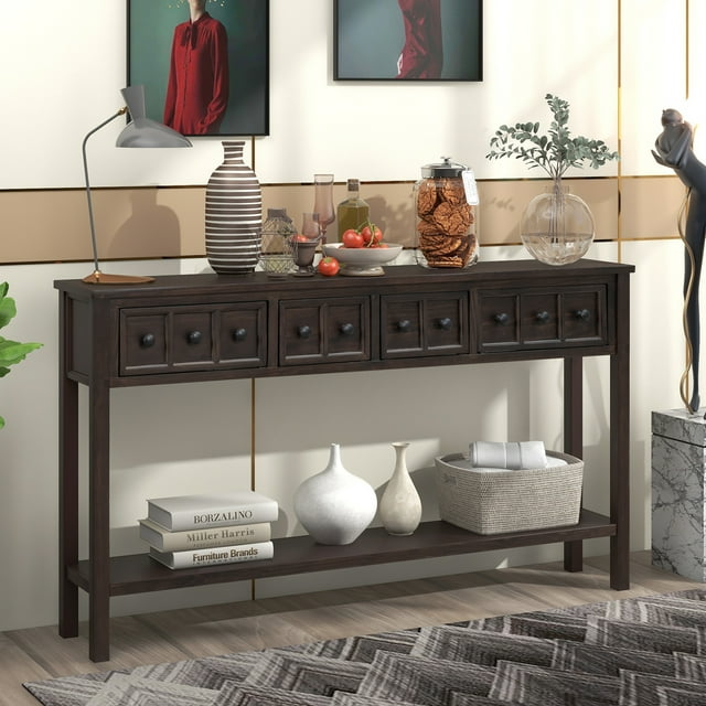 OUDOSPRS Rustic Entryway Console Table, 60 Inch Long Sofa Table with Two Different Size Drawers and Bottom Storage Shelf(Espresso)