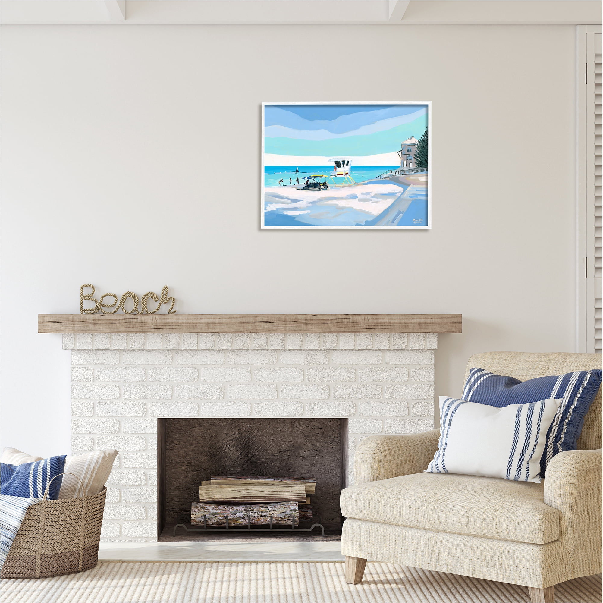 Stupell Industries Blue & White Beach Landscape Painting White Framed Art Print Wall Art, 30 x 24