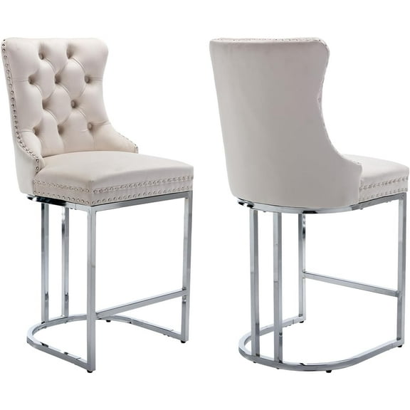 JESTOP 25" Counter Height Bar Stools Set of 2, Modern Velvet Barstools with Chrome Metal Legs and Tufted Back, Upholstered Island Chairs for Kitchen Island, Pub, Cafe, Beige