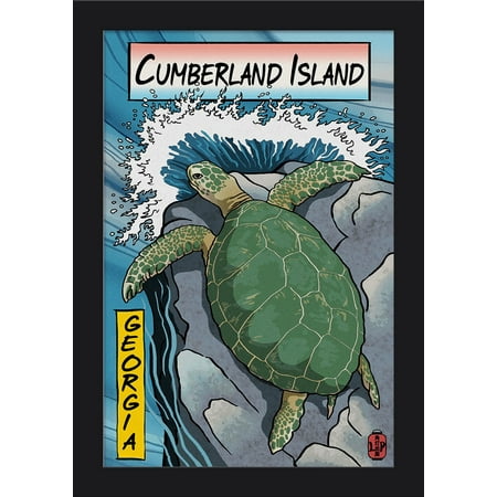 Cumberland Island, Georgia - Sea Turtle - Woodblock Print - Lantern Press Artwork (12x18 Giclee Art Print, Gallery Framed, Black