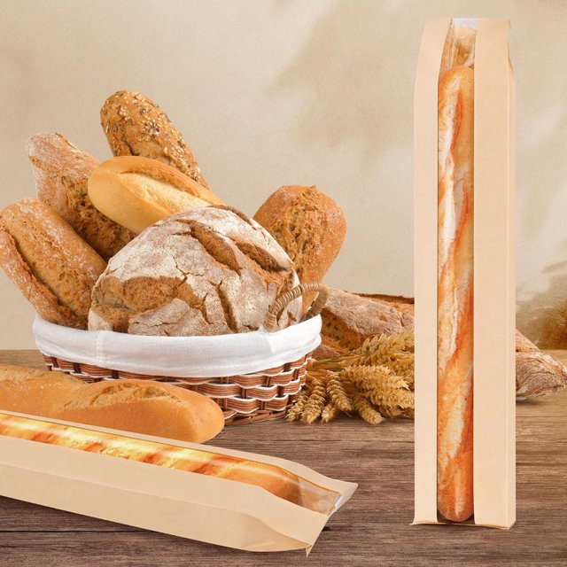 Paokuoon Bread Storage Bags Bread Storage Bags 50Pcs with Clear Window Oil Proof Kraft Packaging for Homemade Bread Loaf French Bread