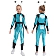 thumbnail image 2 of iiniim Girls Dance Outfit Metallic Long Sleeve Zip Neck Jumpsuit with Hair Hoop Sky Blue Black 12, 2 of 7
