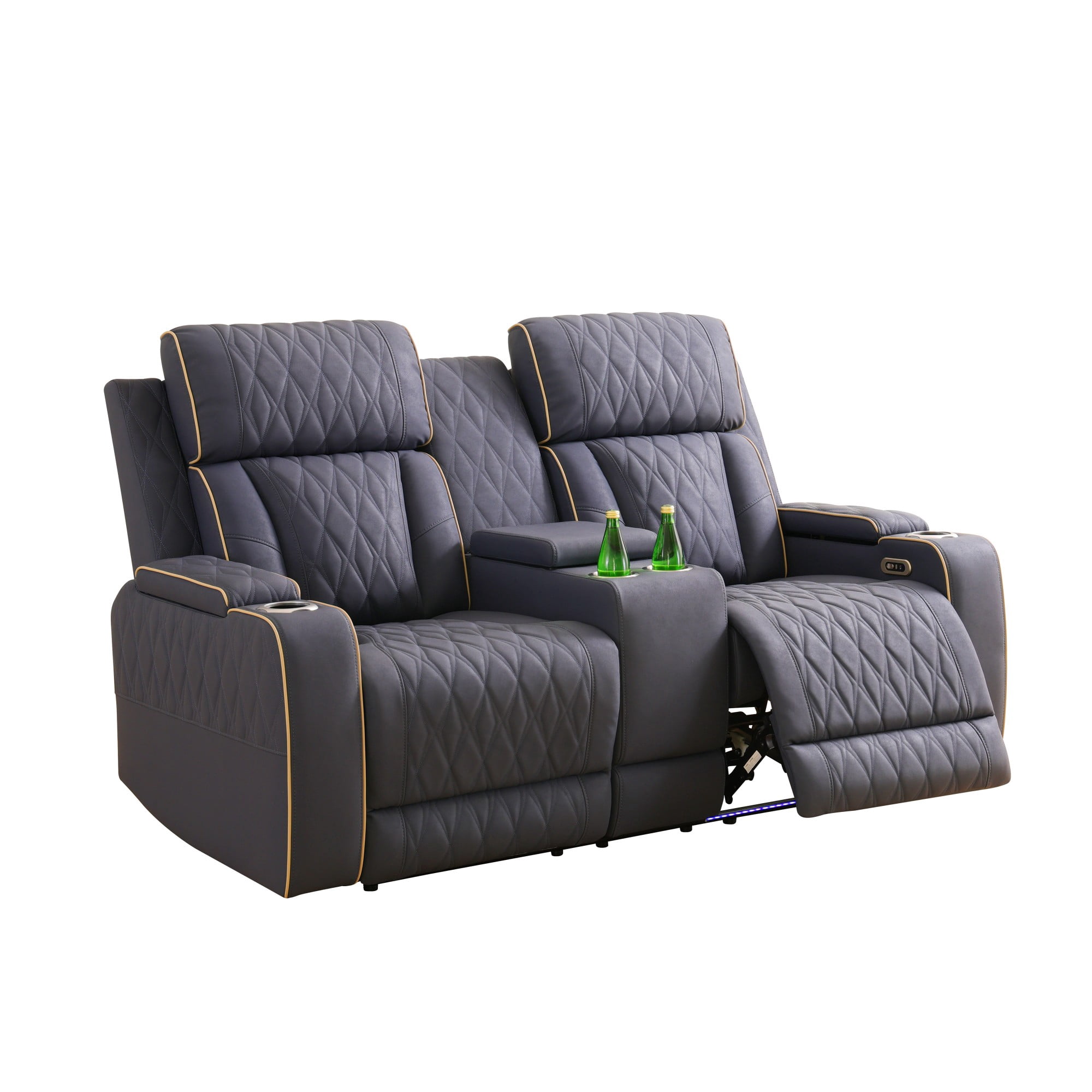 Gewnee Power Recliner Loveseat, LED Ambient Lights, Built in USB & Type‑C Ports, Hidden Storage, Home Theater Seating with Cup Holders, Matte Frosted Leather‑Blueish Grey